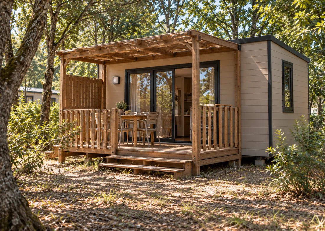 Illustration du mobil-home Bora et de sa terrasse en Ardèche
